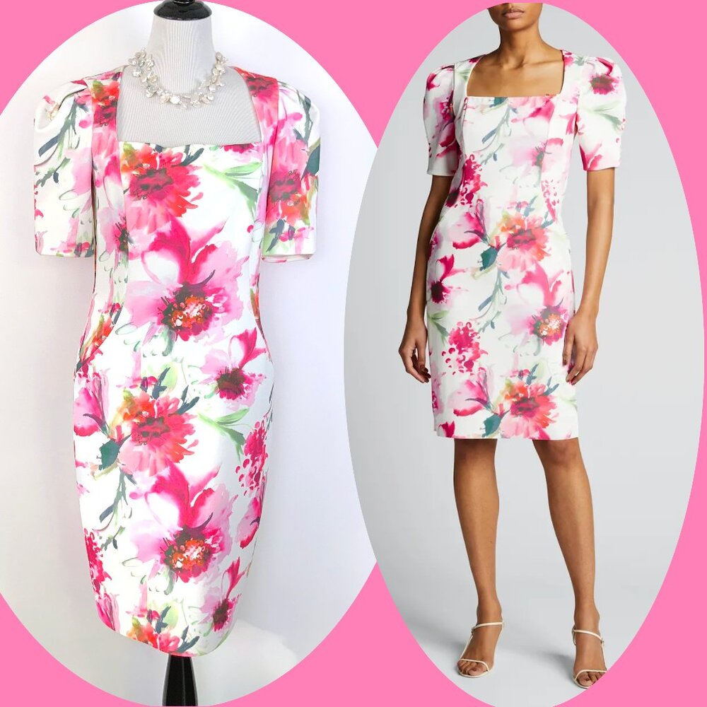Rickie Freeman for Teri Jon Floral Print Scuba Puff-Sleeve Sheath Dress Sz 10